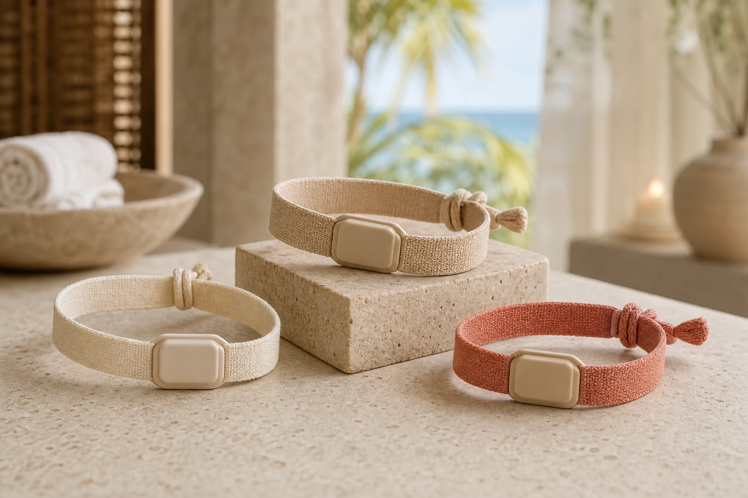 Tres pulseras RFID de algodón sin marca dispuestas en un spa del Caribe