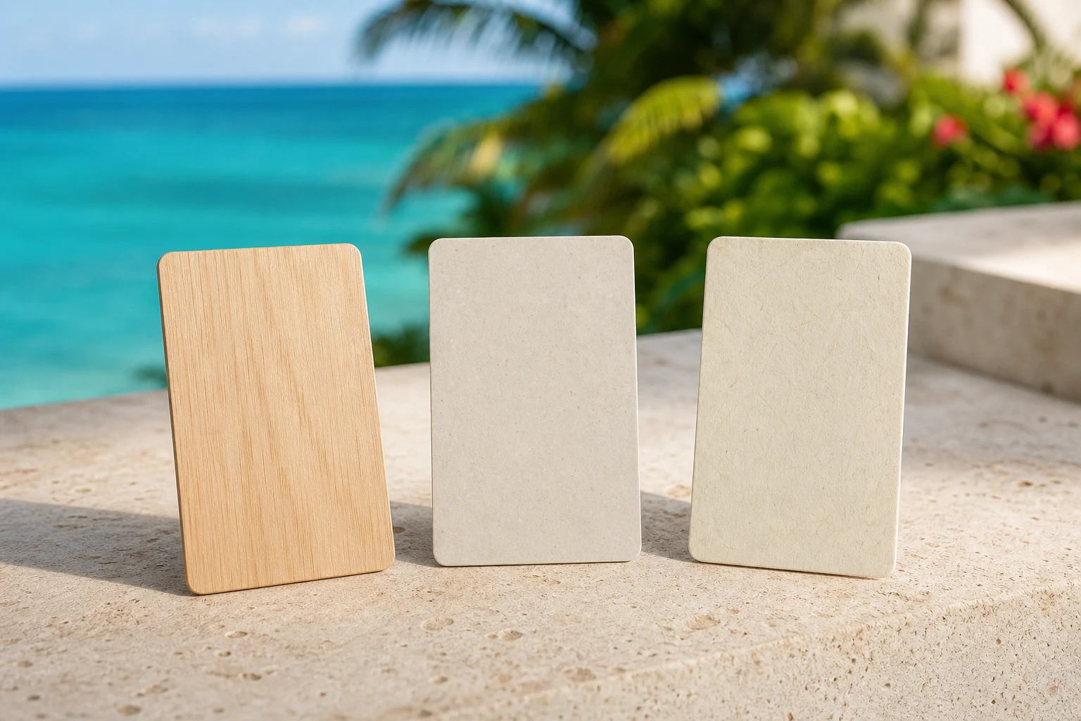 Hotel key cards in wood, recycled PVC and plant-based constructions