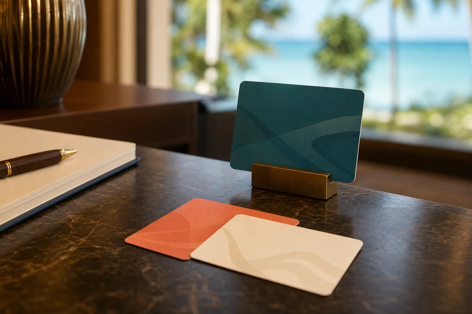 Tres tarjetas de contacto NFC sin marca dispuestas en el mostrador de conserjería de un hotel