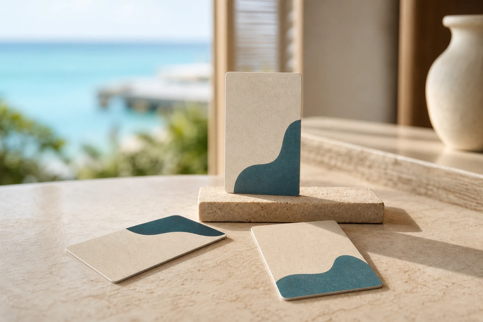 Tres tarjetas llave de hotel sin marca con cuerpo de origen vegetal sobre piedra caliza