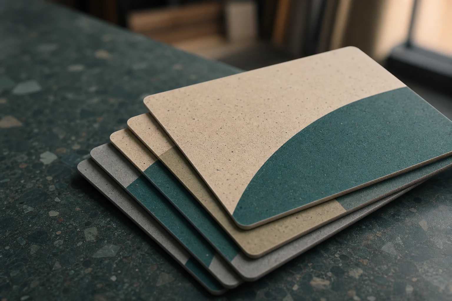 Detalle macro de tarjetas llave apiladas con contenido reciclado