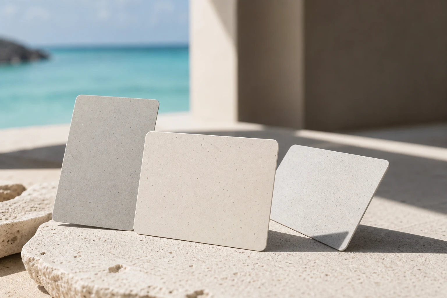 Tres tarjetas llave de hotel sin marca con contenido reciclado sobre un pedestal de piedra caliza