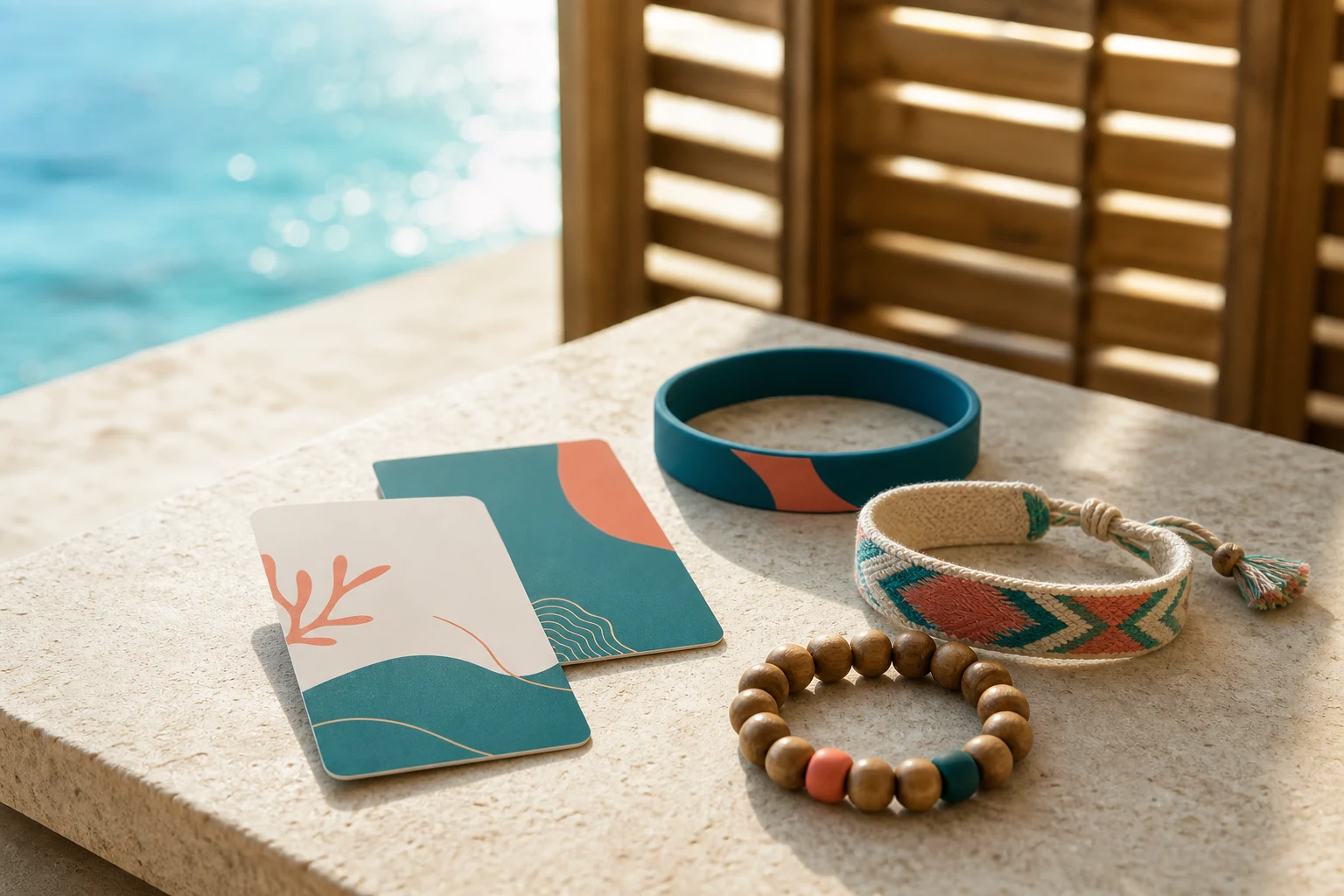 Tarjetas de resort y pulseras RFID sin marca, coordinadas, sobre piedra caliza