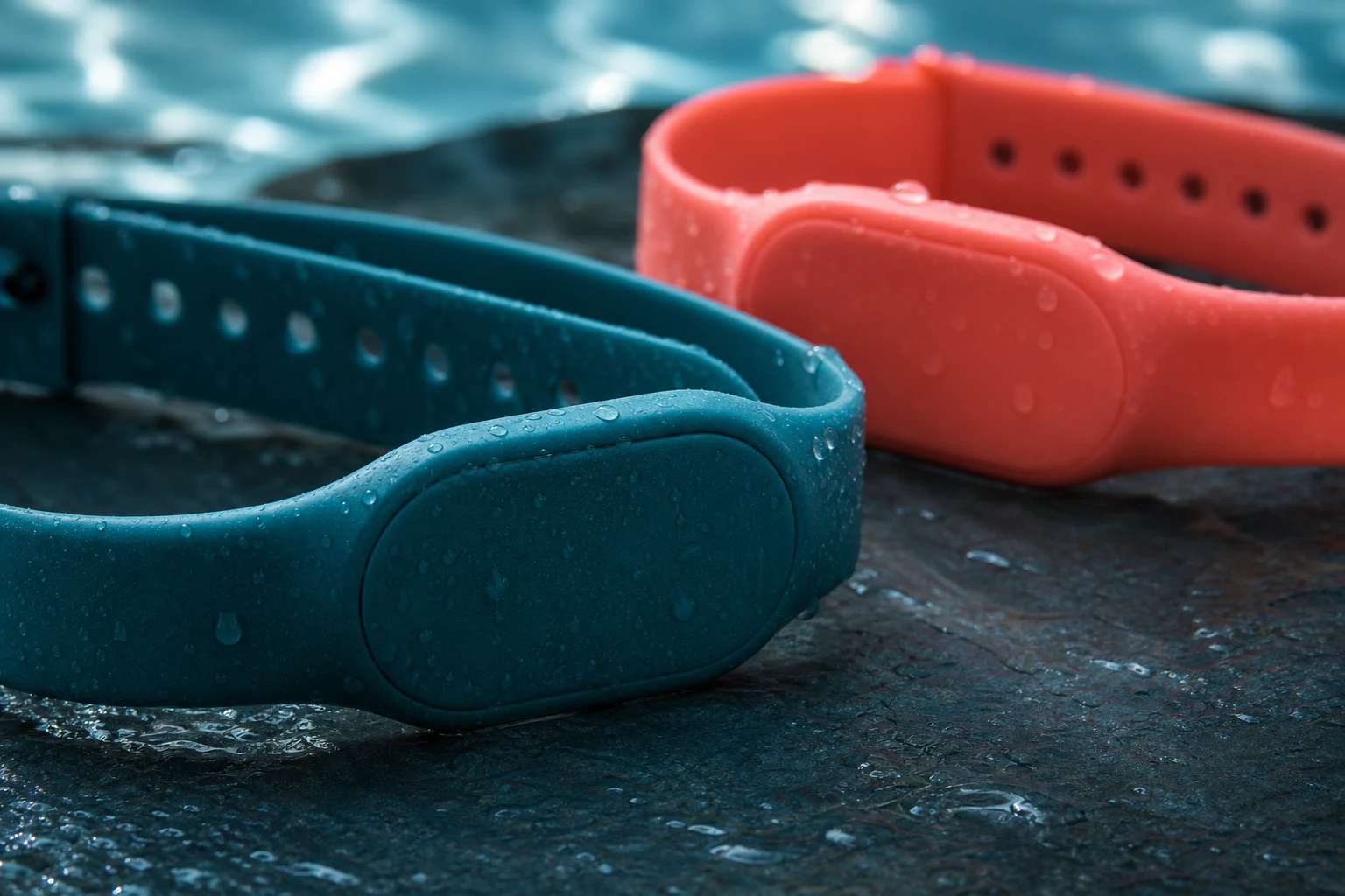 Detalle macro en mojado de pulseras RFID de silicona en turquesa y coral