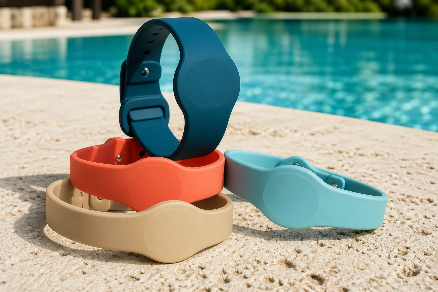 Cuatro pulseras RFID de silicona sin marca junto a la piscina de un resort