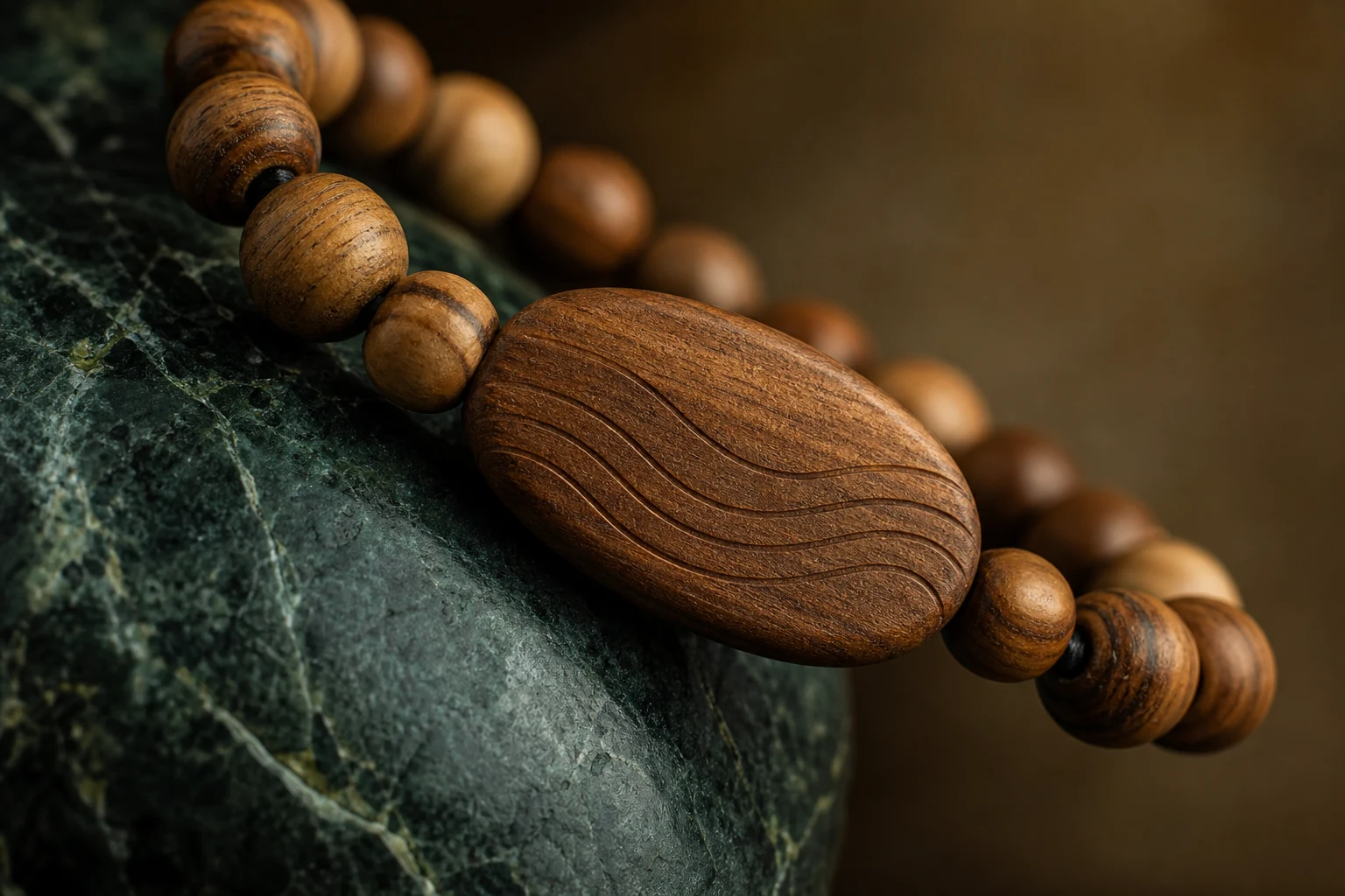 Detalle macro de una pulsera RFID de cuentas de madera sobre piedra verde oscuro