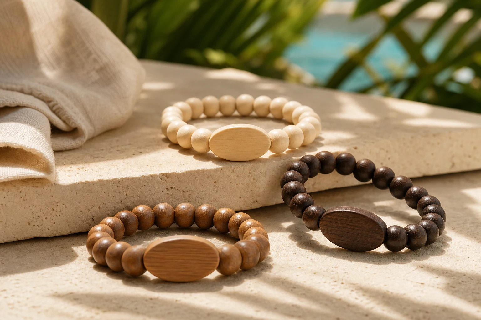 Tres pulseras RFID de cuentas de madera sin marca dispuestas en la terraza de un spa
