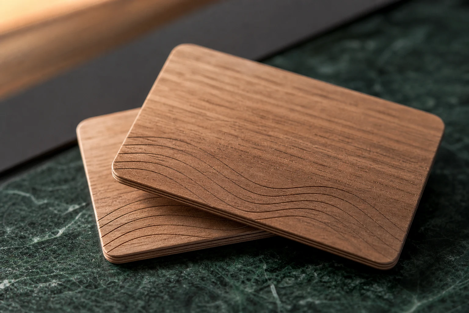 Detalle macro de tarjetas llave de madera en capas sobre piedra verde oscuro