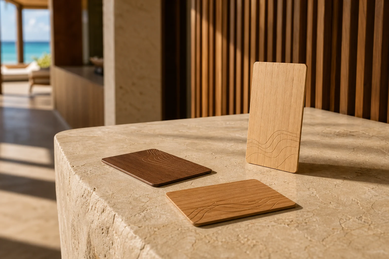 Tres tarjetas llave de hotel de madera sin marca dispuestas en la recepción de un resort